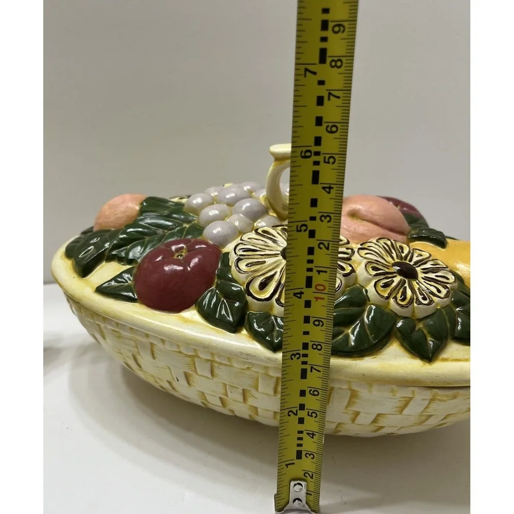 Vintage Ceramic Casserole Dish With Lid Basket Weave Fruit Yellow 10x3